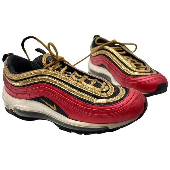 NIKE WOMENS AIR MAX 97 RED METALLIC GOLD SEQUIN SIZE 8.5  CT1148 600 - Picture 5 of 9
